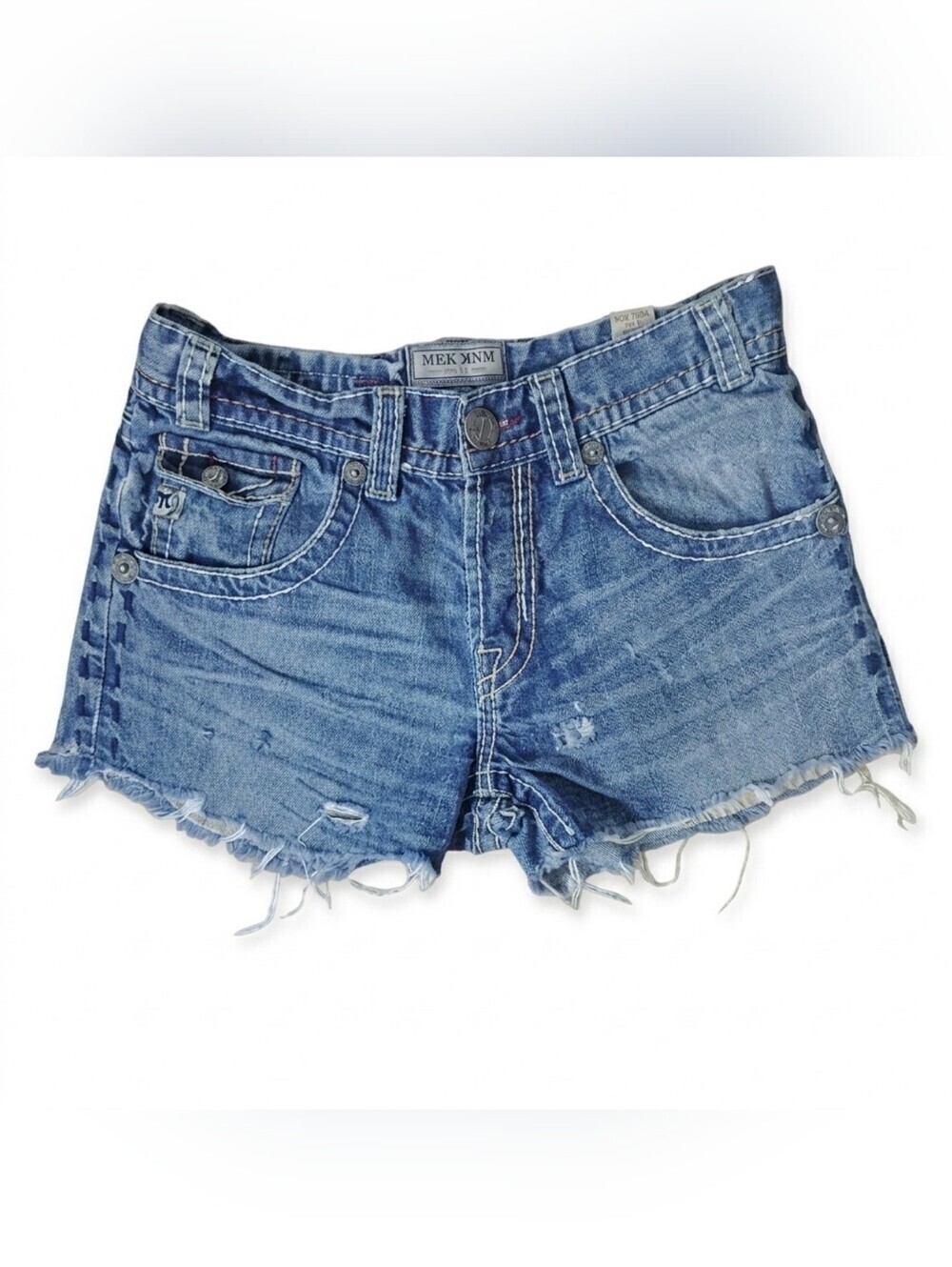 MEK Blue Jean Shorts with Distressed Hem and Casual Style Silver Buttons